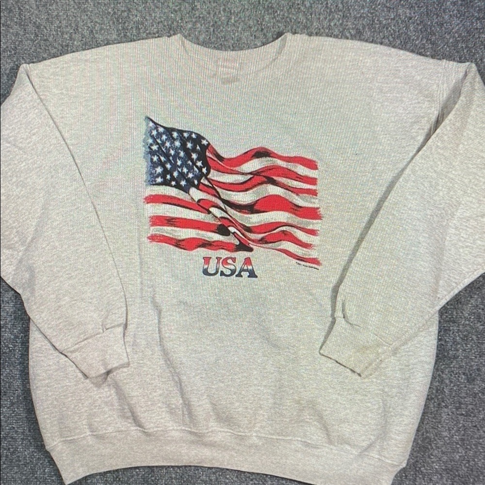 Hanes Gray Crewneck Sweatshirt with Red, White & Blue USA Flag